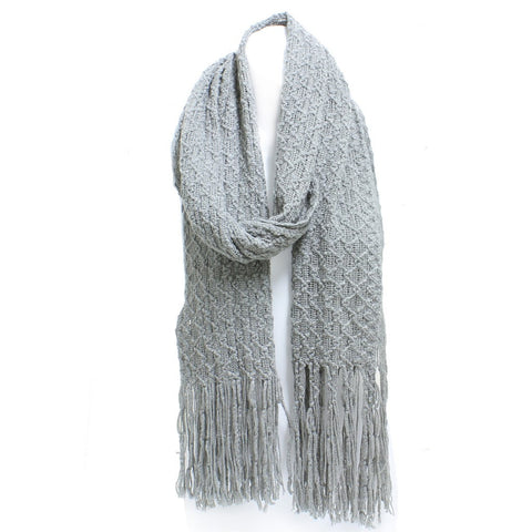 Gray Winter Honeycomb Rectangle Scarf with Fringe