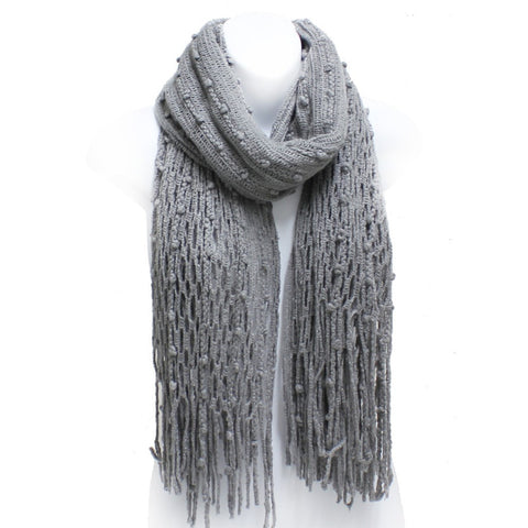 Gray Winter Knit Fish Net Weave Oblong Scarf with Fringe