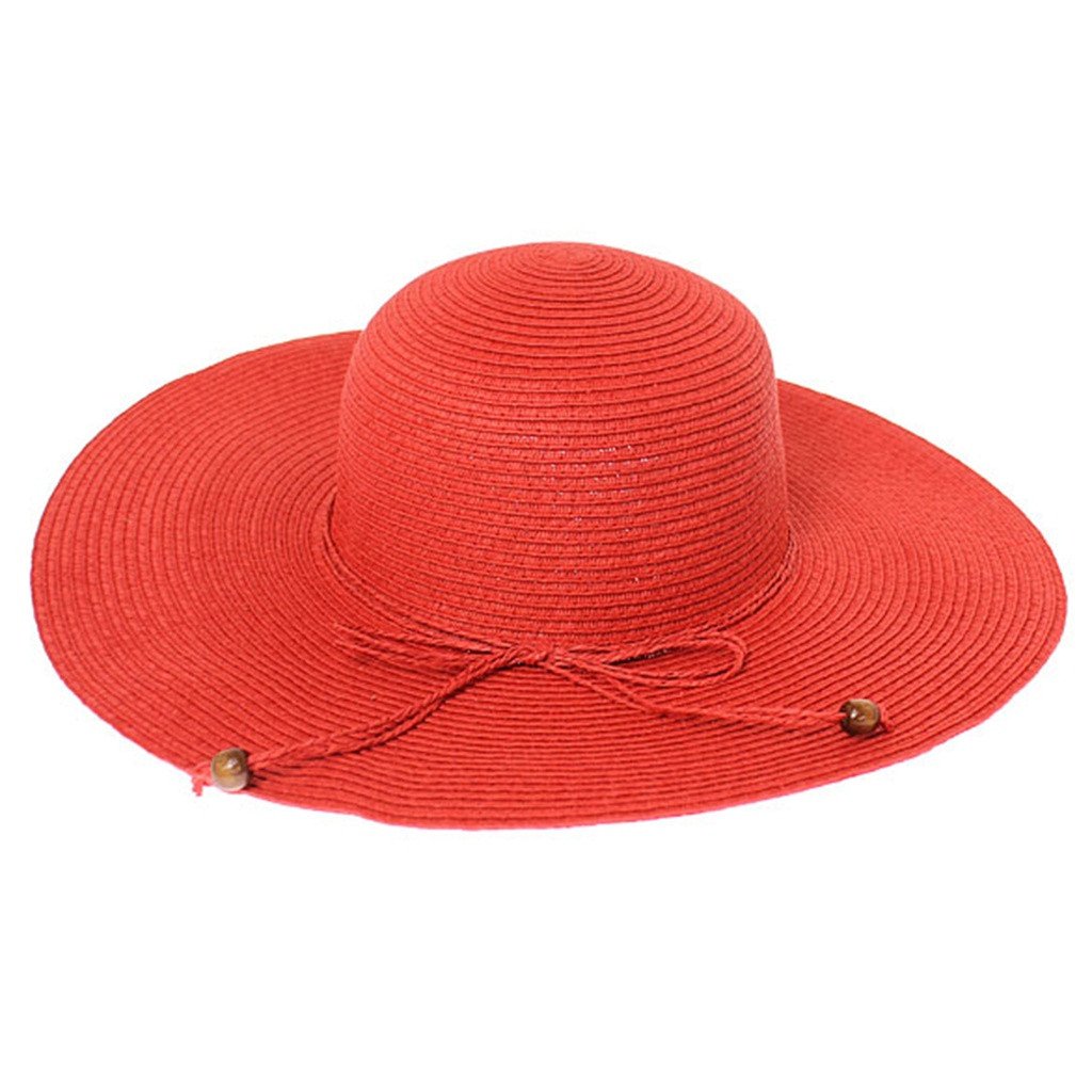 Red Floppy Summer Straw Hat with Beaded Tie