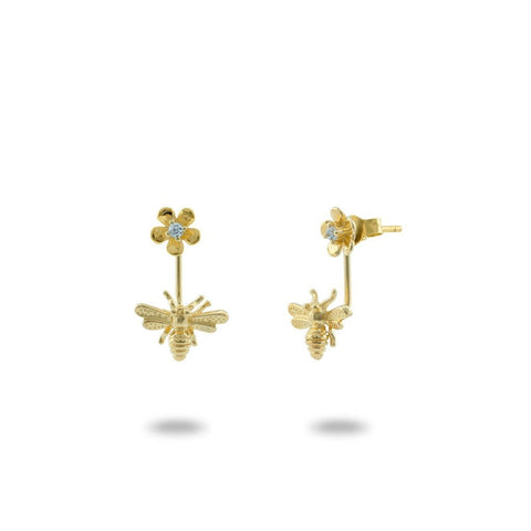 Gold Bumble Bee Flower Earrings